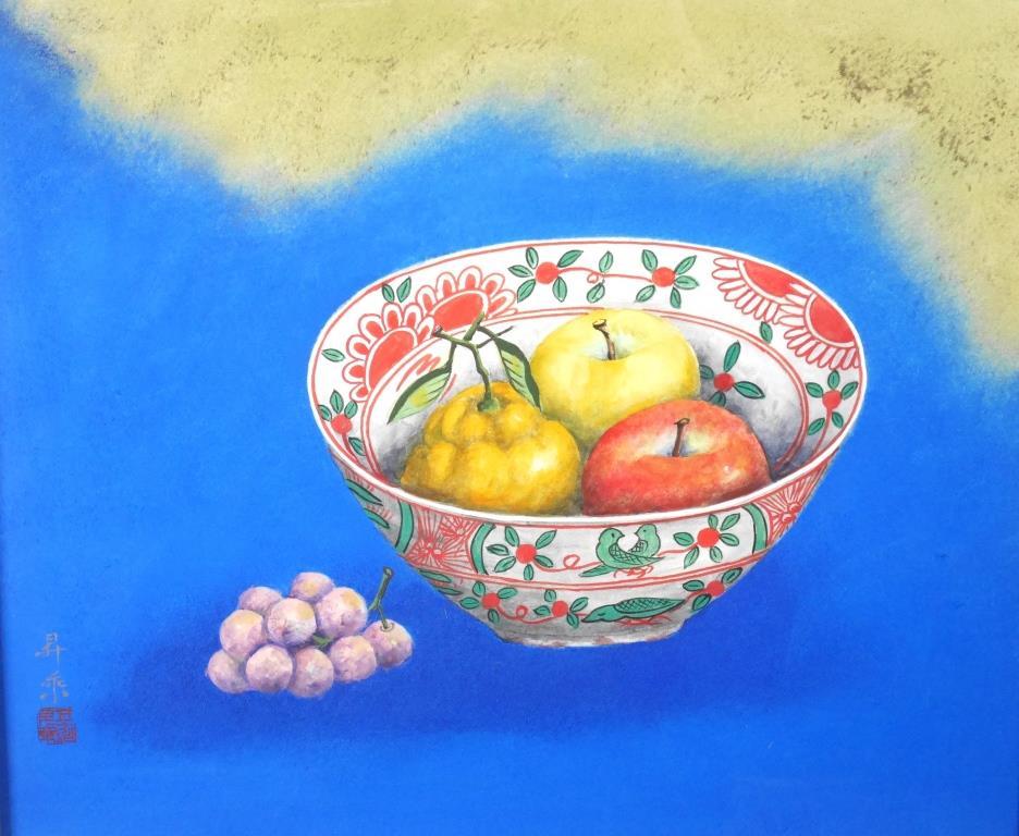 Shōnori Isokawa Nature morte aux fruits ◆Peinture japonaise n°8 ◆Inscription et sceau partagé inclus ◆ Médaille avec un ruban bleu foncé ! Prix du Ministre de l'Éducation! Un artiste talentueux ! Professeur : Daijo Aoki, peinture, Peinture japonaise, fleurs et oiseaux, oiseaux et bêtes