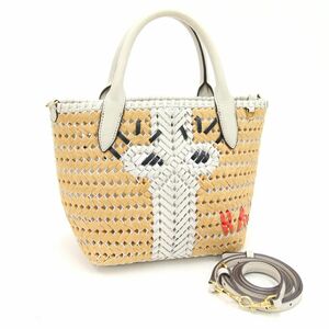 アニヤハインドマーチ 2WAYハンドバッグ ナチュラル オフホワイト ストロー レザー 中古 ANYA HINDMARCH