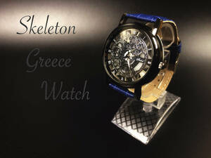 腕時計 時計 ギリシャ文字 ステンレス レザー ベルト 革 アナログ メンズ クォーツ 時計 男女兼用 ブラックフレーム　ブルー　1