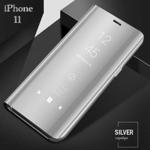 iPhone11 6.1インチ スマホケース 手帳型ケース ミラーケース 光沢 鏡面 反射 鏡面加工 液晶フィルム 耐衝撃 クリアケース　シルバー