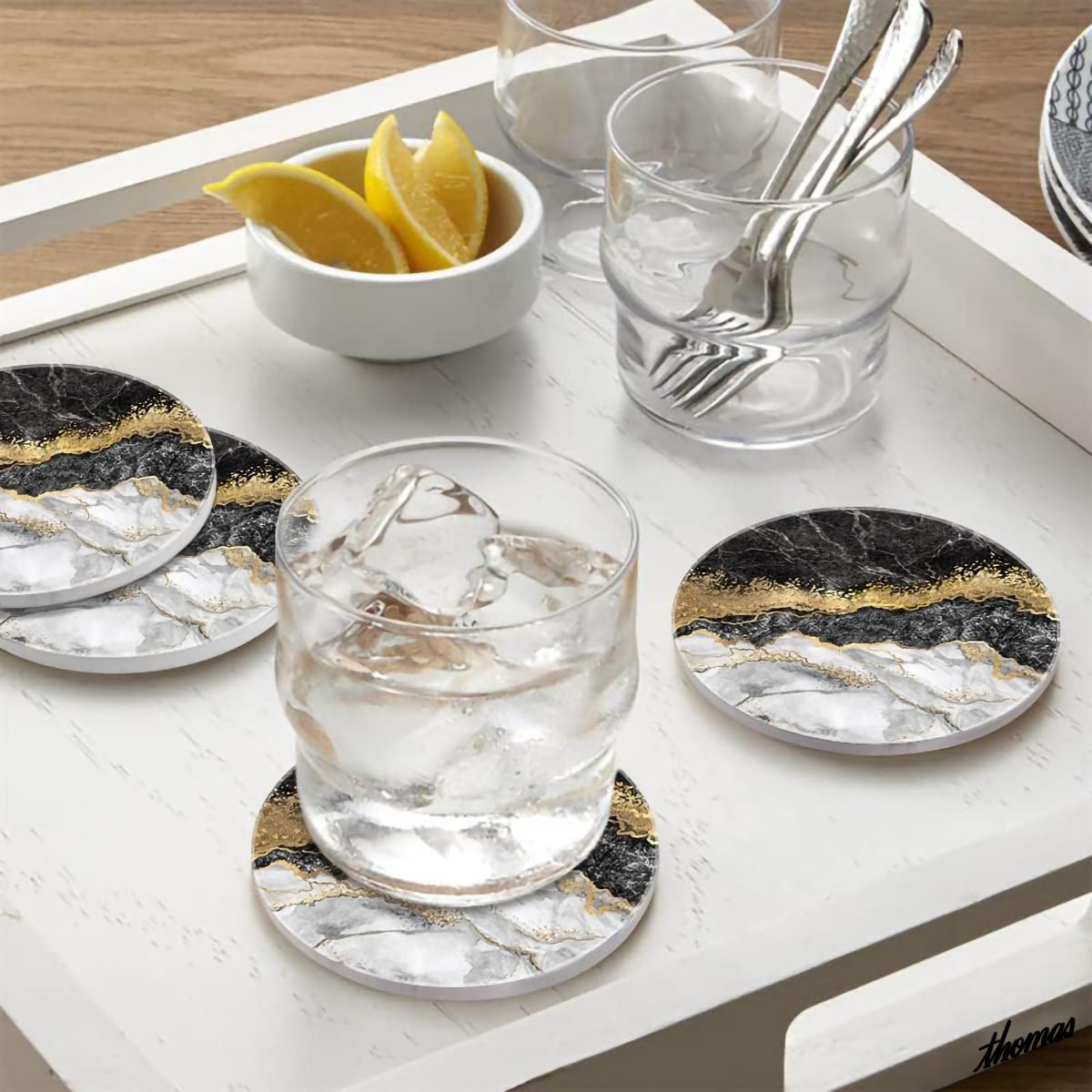 ◆Add a touch of luxury to your dining table◆ Coasters, set of 4, gold black, marble pattern, ceramic, heat insulating, absorbent, antibacterial, interior, dining table, living room, Handmade items, Kitchen supplies, coaster