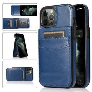 iPhone 14 pro max leather case iPhone 14 Pro Max back case iPhone14 pro max the back cover of spare wheel notebook type card storage blue 