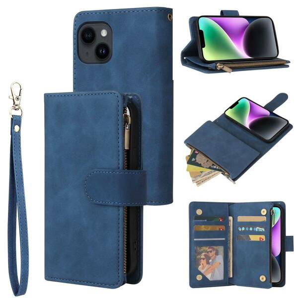 iPhone 15 ケース アイフォン15 レザーケース iPhone15 カバー 手帳型 お財布付き カード収納 ストラップ付き ブルー