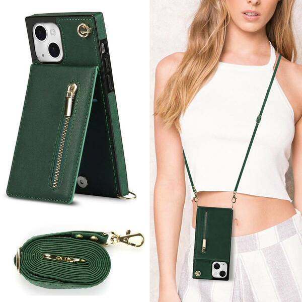 iPhone 15 plus レザーケース アイフォン15 プラス ショルダーケース カード収納 小銭入れ 財布型 ストラップ付き 肩掛け 斜めがけ 緑