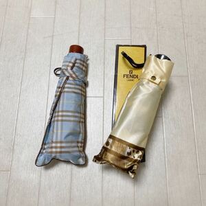 3605☆ 折りたたみ傘 まとめ2点セット BURBERRY バーバリー FENDI フェンディ ブルー イエロー チェック 柄