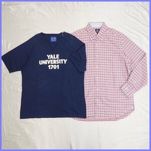 ★未使用 J.PRESS/Jプレス 長袖ボタンダウンシャツ + YALEコラボ 半袖Tシャツ メンズLL/チェック/ネイビー/コットン/タグ付き&1757400784