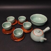 FG0804-1-3 京焼 林山窯 青磁 茶菓揃 セット 茶器 急須 湯呑 5客 菓子鉢 箱入 最大皿サイズ:高さ7.5cm 直径17cm 100サイズ_画像2