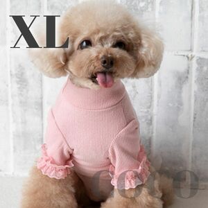 ６７　ピンクXLサイズ　姫系長袖フリルニット犬服春秋冬ドッグウェア犬の服