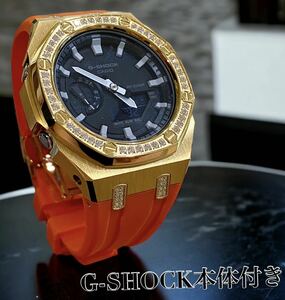 【本体付き】G-SHOCK GA-2100ラバーベルトセット メタル カシオーク カスタム Gショック　ゴールドジルコニアベゼル＋オレンジラバー