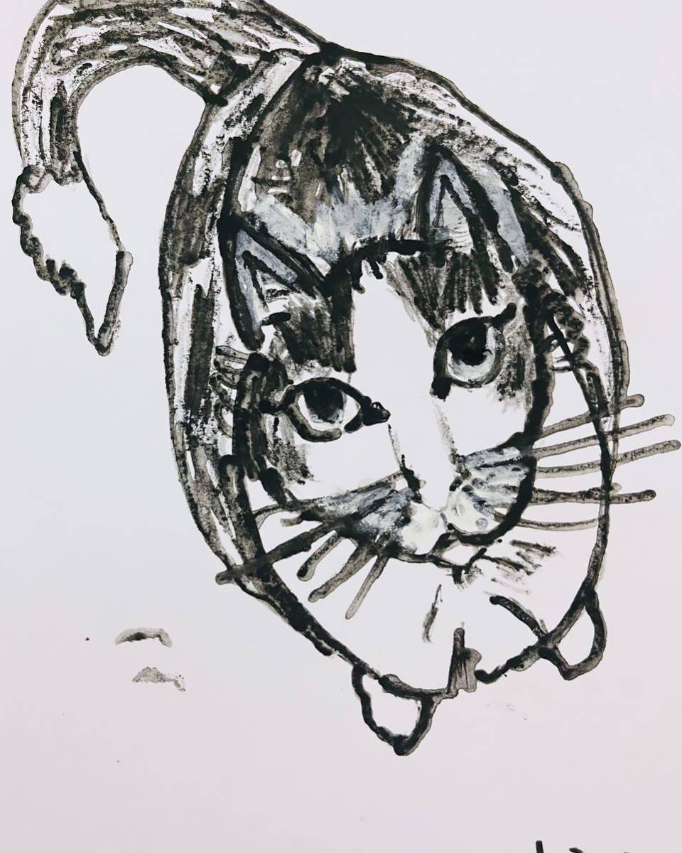 Künstler Hiro C Die Katze geht, Kunstwerk, Malerei, Bleistiftzeichnung, Kohlezeichnung
