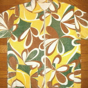 USED CUSHMAN クッシュマン 1950's ビンテージ コットン パイル生地 タオル生地 総柄 半袖 シャツ カーディガン (Mサイズ/黄) 花柄 ハワイの画像3