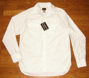 新品 CUSHMAN クッシュマン 1930's ビンテージ 薄手 コットン ブロード生地 小紋柄 クレスト プリント 長袖 ワークシャツ (Mサイズ) 白