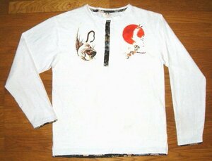 新品 ころもざくら 衣櫻 肉厚 コットン 天竺生地 和柄 着物 生地 ヘンリーネック 長袖 Tシャツ ［雉子 蛇 鶴 日の丸］ (Mサイズ/白) ロンT