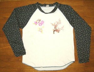 新品 ころもざくら 衣櫻 肉厚 コットン 天竺生地 和柄 着物 生地 ラグランスリーブ 長袖 Ｔシャツ ［梅と桜］ (Mサイズ/白) ロンT 花柄