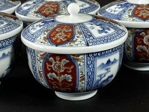 ◆ 柿右衛門 染錦山水花図 蓋物 湯呑 5客セット 茶器 ◆