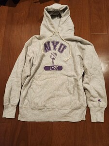 チャンピオン　Champion　リバースウィーブ　スウェット　パーカー　染み込み　NYU　ニューヨーク大学　刺繍タグ　ビンテージ　90s　超レア