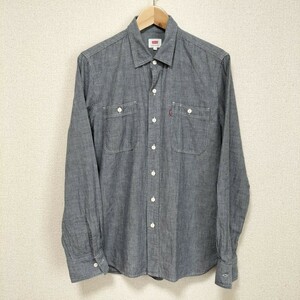 綺麗★Levi's ワークシャツ ヒッコリー ストライプ 青 白 メンズ サイズS 長袖 コットン リーバイス アメカジ USブランド古着 USED