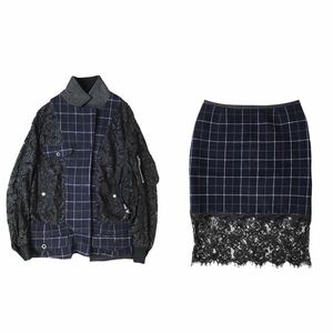 (D) sacai サカイ 13AW コレクション着用 レース 切替 チェック セットアップ 1 2 ネイビー