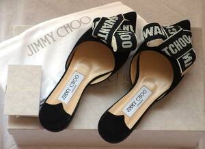 JIMMY CHOO ジミーチュウ GRETCHEN FLAT ミュール フラットヒールサンダル スエード Black Chalk UOB Suede w/logo tape bow 'I WANT CHOO'