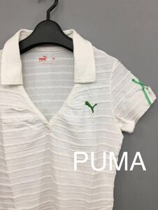 プーマ PUMA 半袖 シャツ レディース Mサイズ ロゴ 刺繍 グリーン ワンポイント ボーダー 綿 100% ～▽