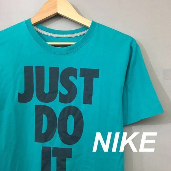 【美品・良品】ナイキ NIKE Tシャツ 半袖 丸首 トップス カットソー ビッグプリント エメラルドグリーン メンズ 男性用 Mサイズ ♭▽