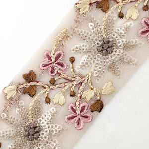 インド刺繍リボン 約47mm 花 ピンク ブラウン