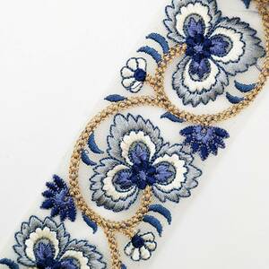 インド刺繍リボン 約56mm 花模様 青系