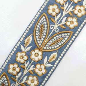 インド刺繍リボン 約57mm 花模様 水色