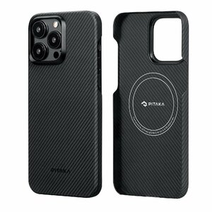 PITAKA iPhone15ProMax ケース 600Dアラミド繊維製 MagSafe対応 超極薄 超軽量 ワイヤレス充電対応 黒/グレーツイル柄