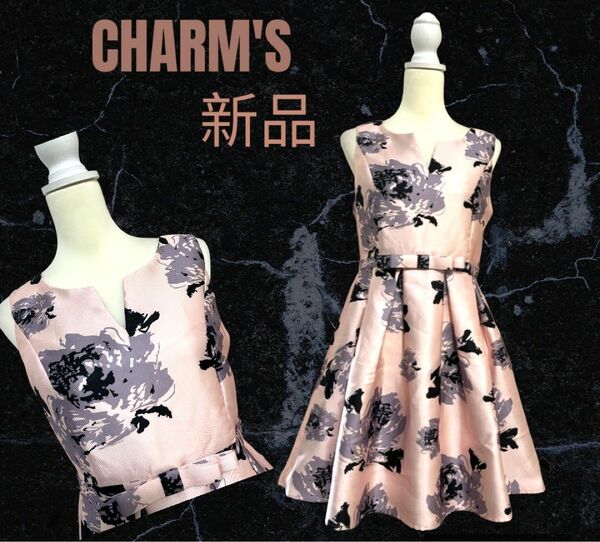 【CHARM'S】ティアード　ワンピース ド　薔薇柄　光沢　フランス製 ノースリーブワンピース フレアワンピース 花柄 