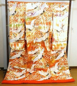 打掛4　正絹　色打掛　オレンジ系地飛鶴桜花　【超美品】　花嫁衣裳