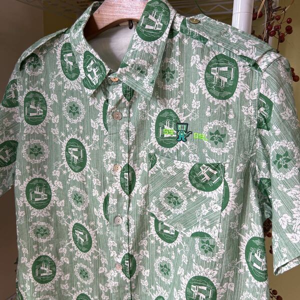 55ディーゼル　ドレスシャツ　総柄プリント　緑　ML