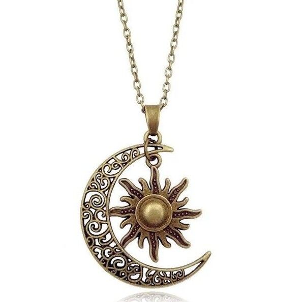 *太陽と月 モチーフ ネックレス*ブロンズ ミニ巾着袋付き アンティーク*Sun & moon