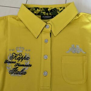 カッパ/kappa 長袖ポロシャツ　Ｌ　ワッペン　キラキララインストーン　刺繍　ゴルフ　GOLF トップス　黄色　イエロー