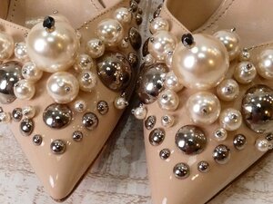  MiuMiu miumiu pearl & studs pumps [L's(38)/18 ten thousand jpy / beige / new goods box ]e3AAE