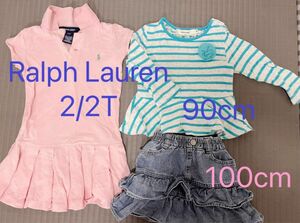 RalphLaurenワンピースmia mailカットソーフレアスカート90cm-100cm3点セットピンク女の子グリーン夏秋美品