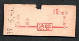 Ｓ３９　赤字印刷地図式乗車券（渋谷駅）１０円２等