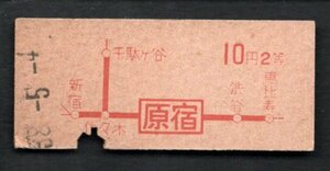 Ｓ３８　赤字印刷地図式乗車券（原宿駅）１０円２等