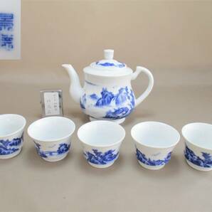 C081*中国陶磁器* 景徳鎮製 染付山水文 茶器セット /中古古物 /絵違い【送料込】の画像1