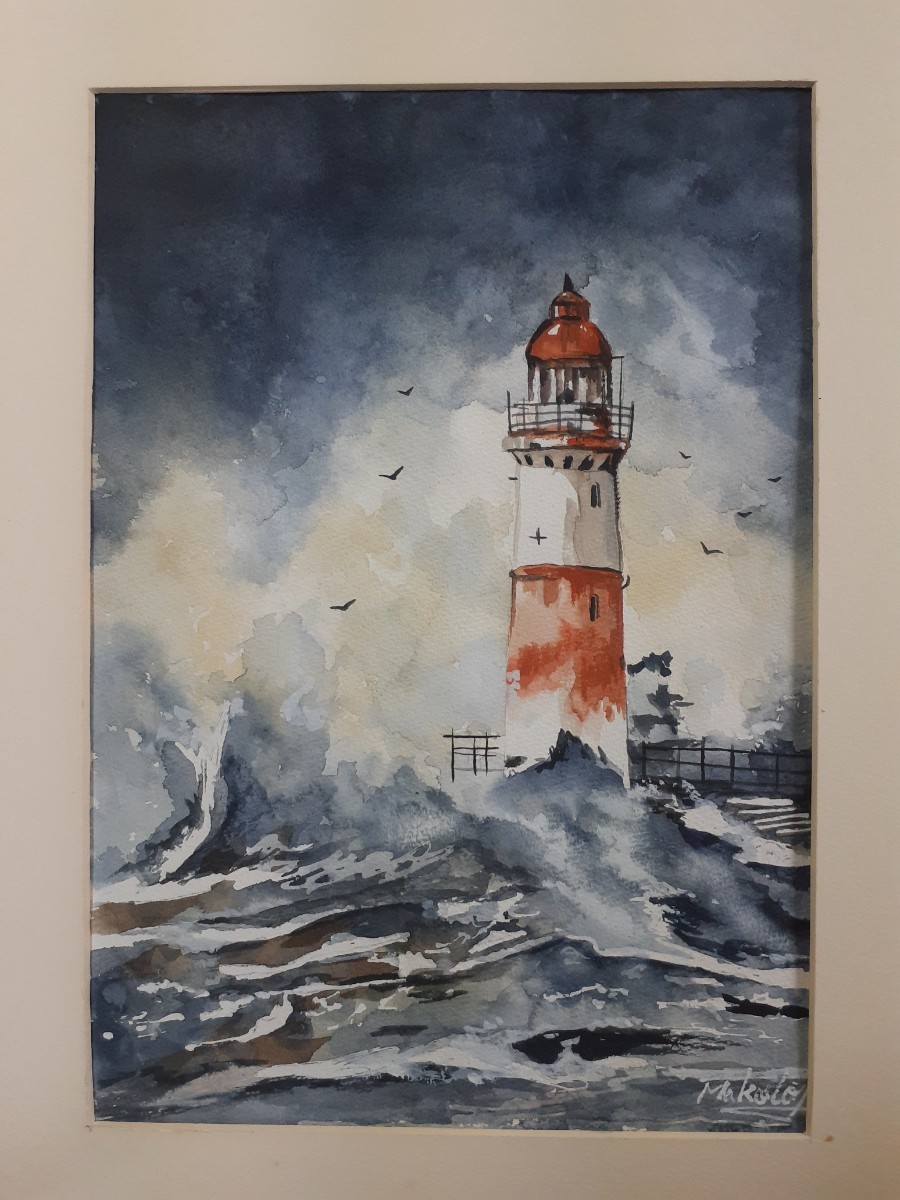 Pintura de acuarela: Un faro que sobrevive al mar embravecido, Cuadro, acuarela, Naturaleza, Pintura de paisaje