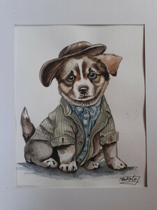 Art hand Auction 水彩画 オシャレな子犬, 絵画, 水彩, 動物画