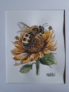 水彩画　ひまわりとミツバチ