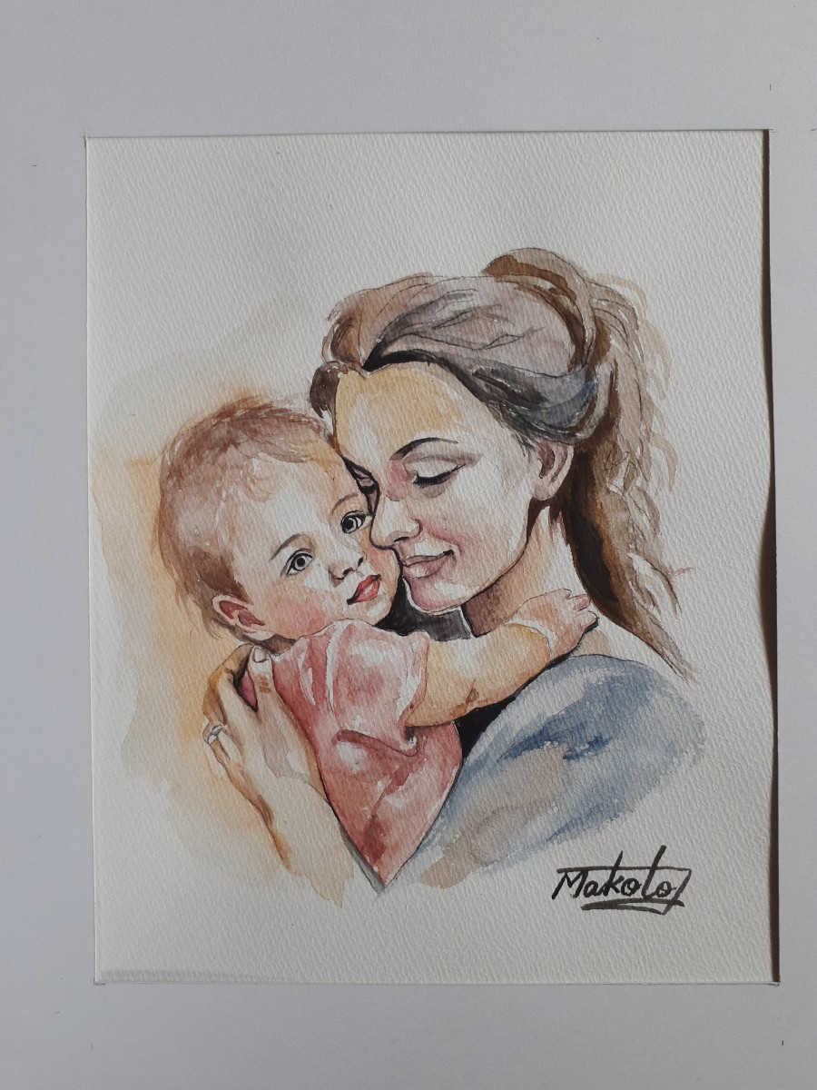 Peinture à l'aquarelle : Skinship avec maman, Peinture, aquarelle, Portraits