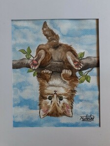 Art hand Auction Pintura acuarela de un gatito volteándose, Cuadro, acuarela, Cuadros de animales