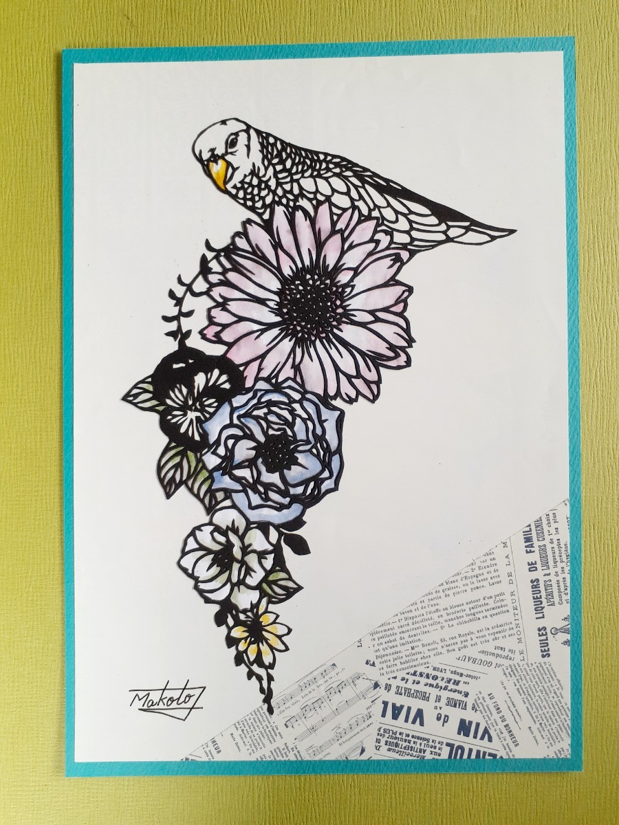 Paper cutting art: Parakeet and flowers, Artwork, Painting, Collage, Paper cutting