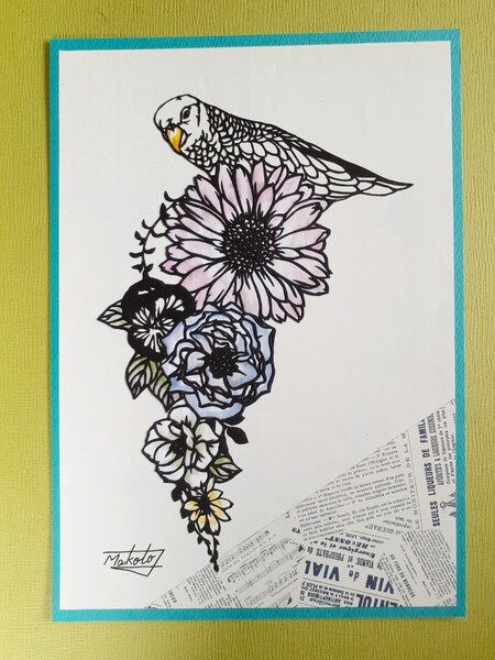切り絵アート インコと花