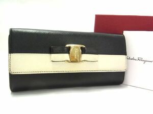 1円 Salvatore Ferragamo フェラガモ ヴァラリボン レザー 二つ折り 長財布 ウォレット 小銭入れ ブラック系×ホワイト系 AR7536