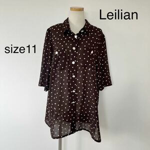 レリアン　Leilian ドットシャツ　Lサイズ 11号　日本製　ブラウス　ブラウンシャツ　水玉
