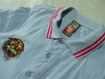 ssy7192 Ed Hardy 半袖 ポロシャツ ブルーグレー ■ プリント ■ ラインストーン タイガー Christian Audigier Lサイズ エドハーディー_画像6