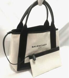 BALENCIAGA バレンシアガ ネイビーカバS トートバッグ キャンバス ホワイト ブラック 339933 中古